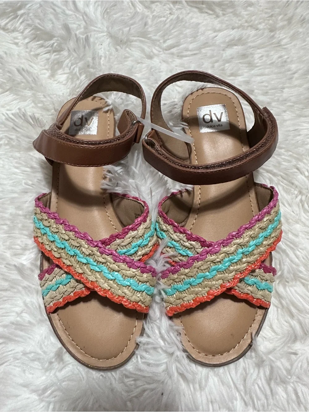 New Dolce Vita Brown Ankle Strap Sandals with Multicolor Braided Straps sz 4